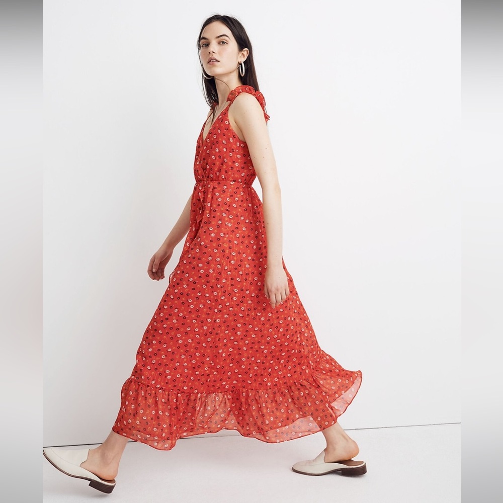 Madewell Ruffle-Strap Wrap Dress Metallic Striped Prairie Posies Red - Picture 8 of 14